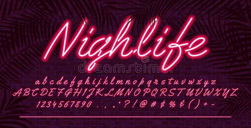 Neon light alphabet font, Red glowing hand drawn uppercase and lowercase letters, vector typeface typography design, brick wall