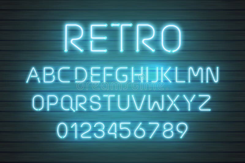 Light neon font letter set. Bar sign vector type. Glowing casino and cinema red text alphabet on wood planks wall. Retro