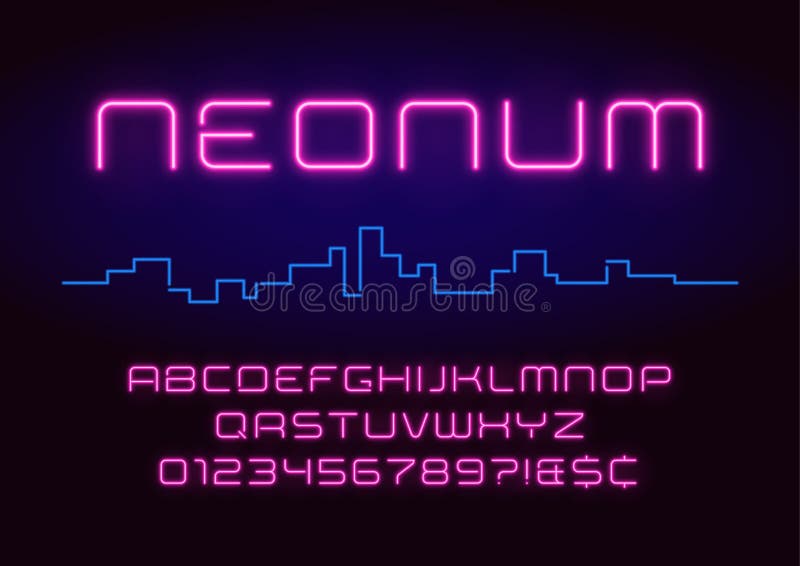 Neon light alphabet, realistic extra glowing futuristic font. Ex stock illustration