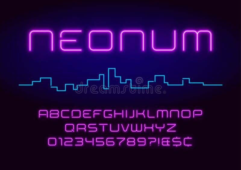 Neon light alphabet, realistic extra glowing futuristic font. Ex royalty free illustration