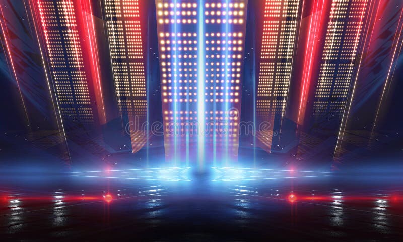 Neon light. Background of empty show scene. Empty dark modern abstract neon background. stock photo