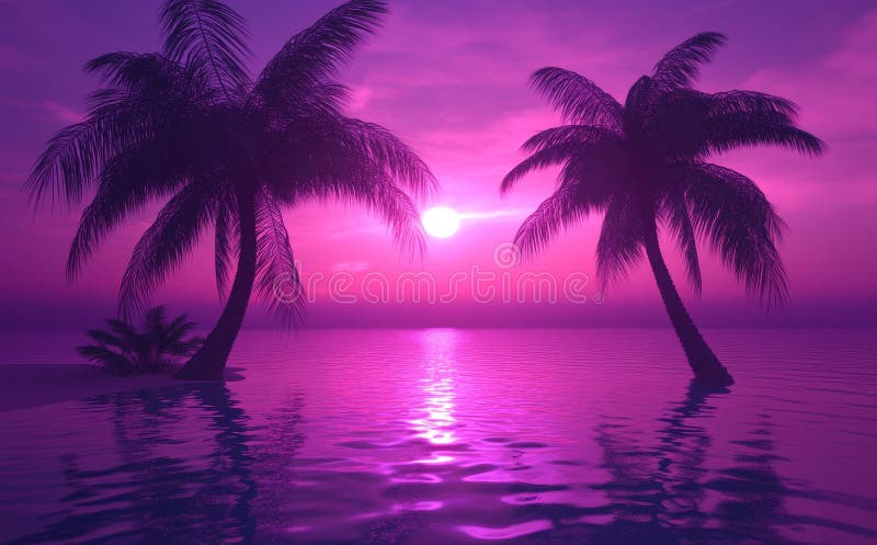 The neon light background with palm trees and water, with a glowing pattern of red and blue lights, creates the royalty free stock photo