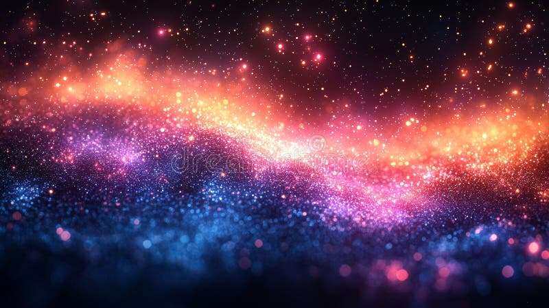 A neon light blur with lens flare, bokeh fluorescent flash, and defocused blue and purple color flecks set against a stock photos