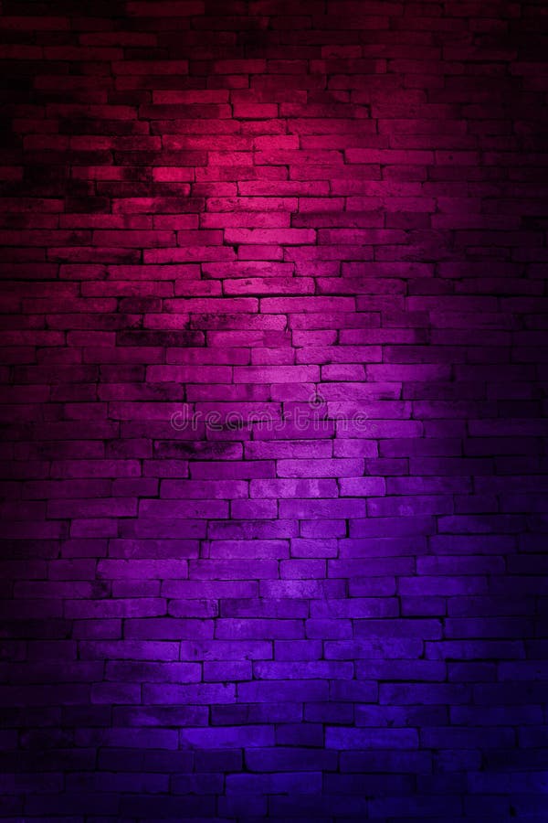 Neon light on brick walls that are not plastered background and texture. Lighting effect red and blue neon background of empty