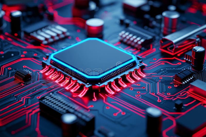 A neon light display of hardware technology. Neon colors. Grey background. Computer component. Motherboard in blue-red stock photography
