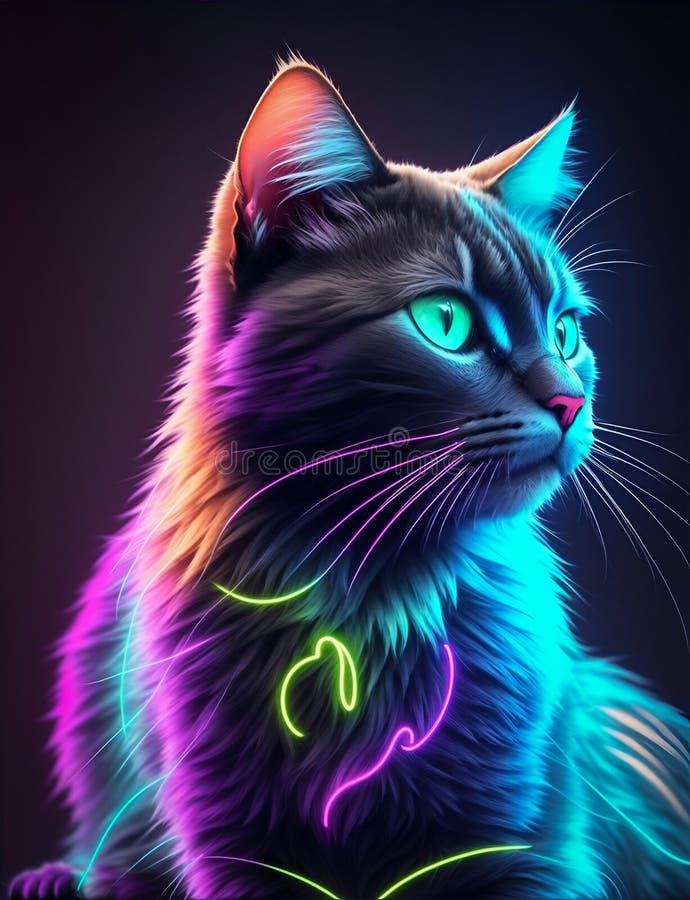 Neon rainbow anime kawaii cat Stock Illustration