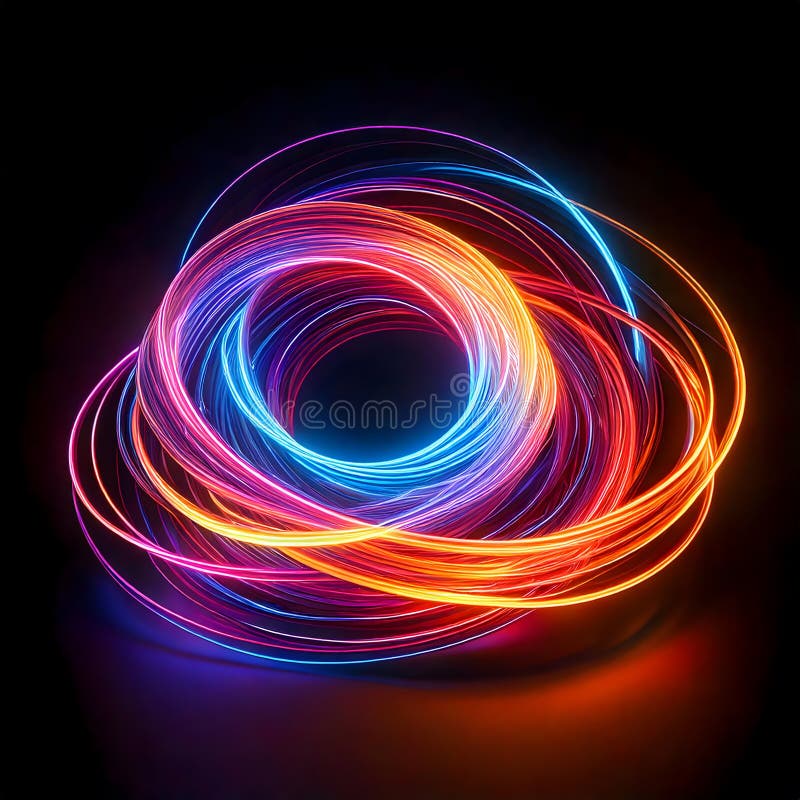 Neon Light Swirl. A mesmerizing swirl of neon light, glowing vividly in the dark, creating a futuristic and elegant effect.