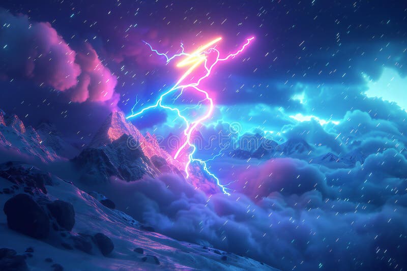 Of a neon light thunder icon with a glowing outline on a dark background, with glowing lighting effects in a realistic s styl vector illustration