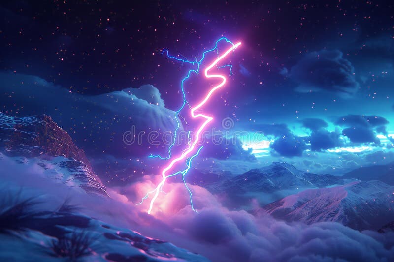 Of a neon light thunder icon with a glowing outline on a dark background, with glowing lighting effects in a realistic s styl stock illustration