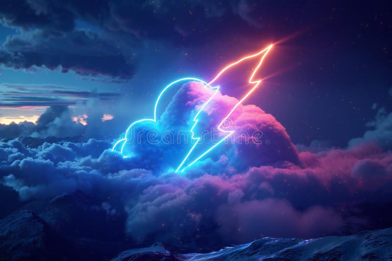Of a neon light thunder icon with a glowing outline on a dark background, with glowing lighting effects in a realistic s styl vector illustration