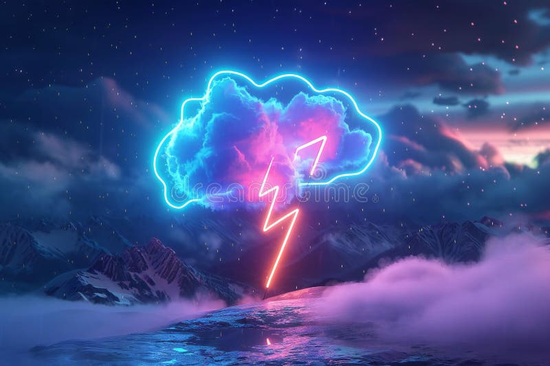 Of a neon light thunder icon with a glowing outline on a dark background, with glowing lighting effects in a realistic s styl vector illustration