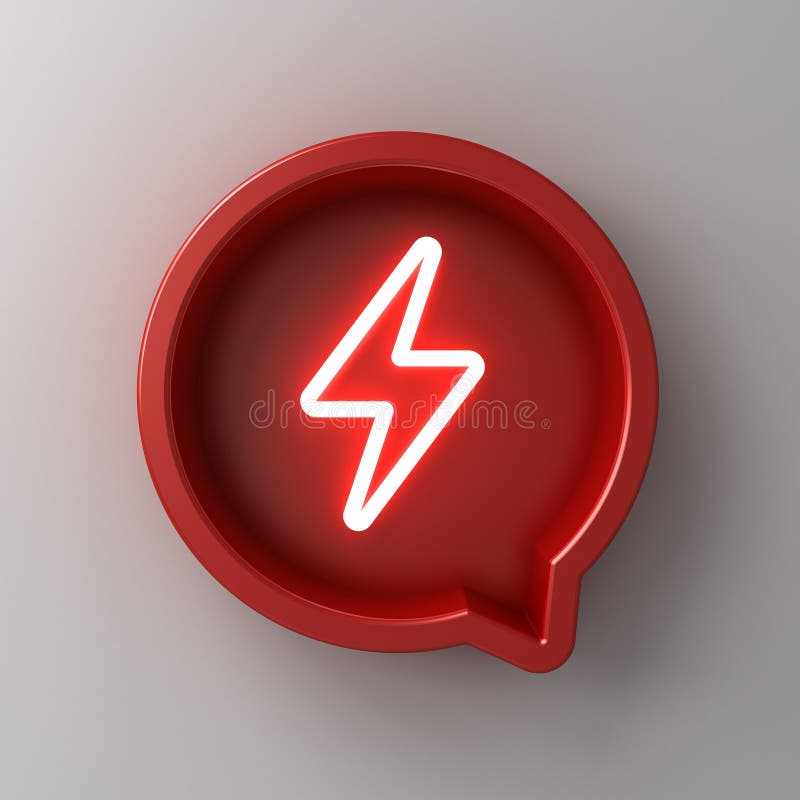 Neon light thunder or lightning bolt in red round speech bubble notification pin on dark white wall background vector illustration