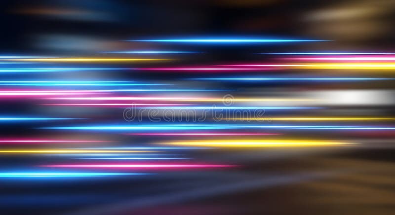 Neon light trails streaking fast, futuristic high speed effect. royalty free stock images