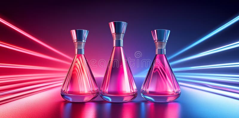 Neon lights accentuate the vibrant hues of perfume bottles that have been arranged in a creative display royalty free stock image