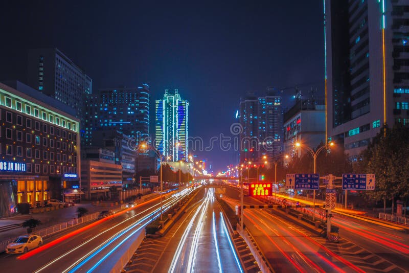Neon Lights and the Colorful Track of the Car Stock Photo Image of