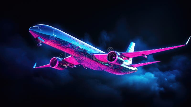 Neon-Lit Airplane in Flight royalty free illustration
