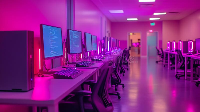 Neon Lit Computer Lab Righe di desktop in un'area di lavoro rosa vibrante illustrazione di stock