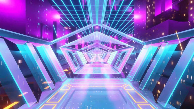 Neon - lit Corridor with Purple and Blue Geometric Shapes royalty free illustration