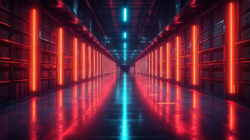Neon-Lit Data Center Corridor with Reflective Floor Generative AI vector illustration