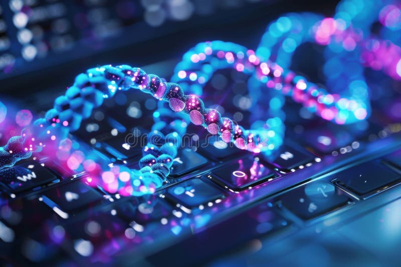 Neon lit DNA helix overlay on a laptop keyboard, depicting the integration of biotechnology with computing stock images