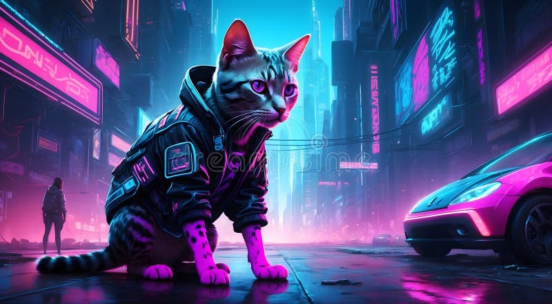 Neon-lit Feline Journey in a Futuristic Metropolis Stock Illustration 