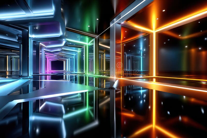 Neon Lit Futuristic Corridor with Colorful Reflections stock photography
