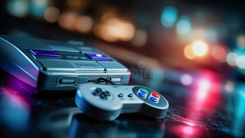 Neon-lit retro game console with a wired controller, glowing with nostalgic gaming atmosphere. Nostalgic image video