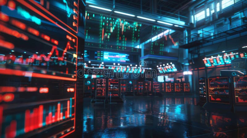 Neon-Lit Stock Market Interior with Trading Screens and Graphs ...