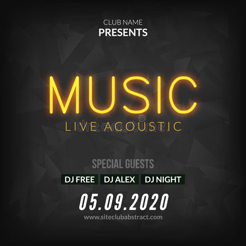 Neon Live Music Concert Acoustic Party Poster Background Template with neon text sign flyer royalty free illustration Neon Live Music Concert Acoustic Party Poster Background Template with neon text sign flyer royalty free illustration
