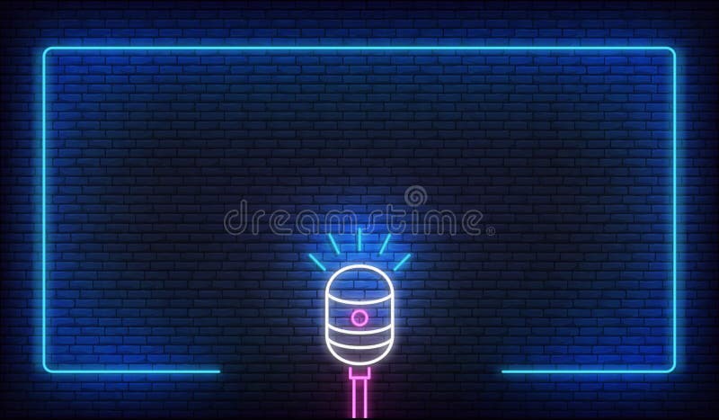 Neon microphone and border frame. Template for podcast, live music, stand up, comedy show