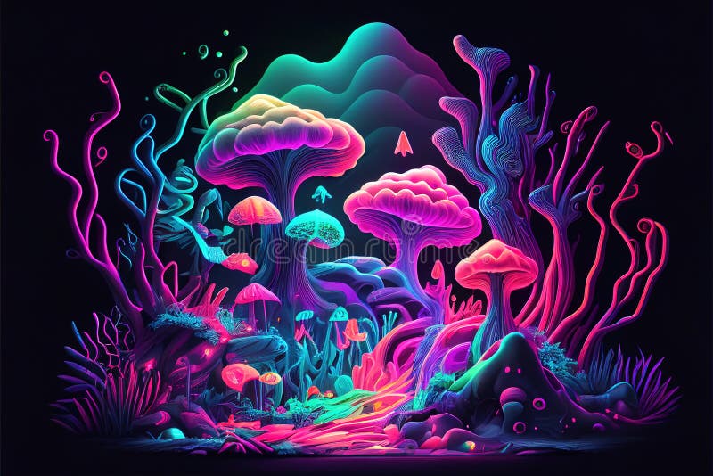 Neon Mushrooms, Cartoon Illustration, High Quality Llustration Stock