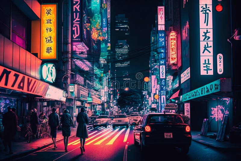 Neon Night City Street in Tokyo. Generative AI Stock Illustration ...