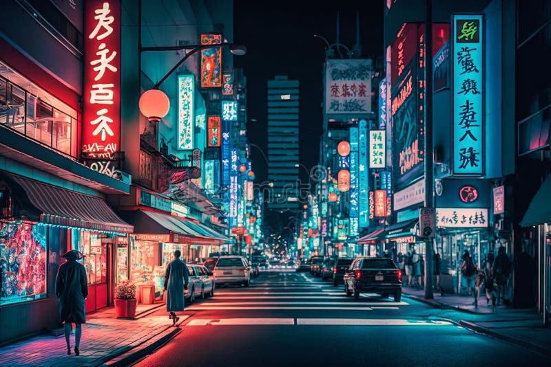 Neon Night City Street in Tokyo. Generative AI Stock Illustration ...
