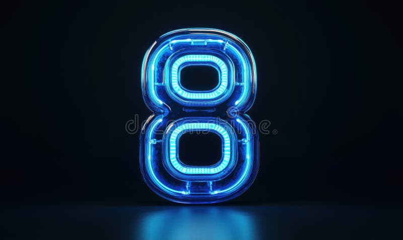 Neon numer 8 świeci niebieskim światłem nowoczesny design ciemne tło żywe oświetlenie cyfrowe sztuka fotografia royalty free