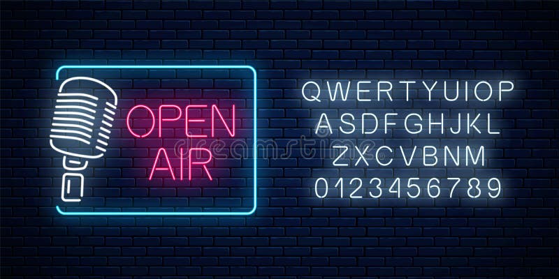 Neon open air signboard with microphone in restangle frame and alphabet. Open air with live speaking concert icon