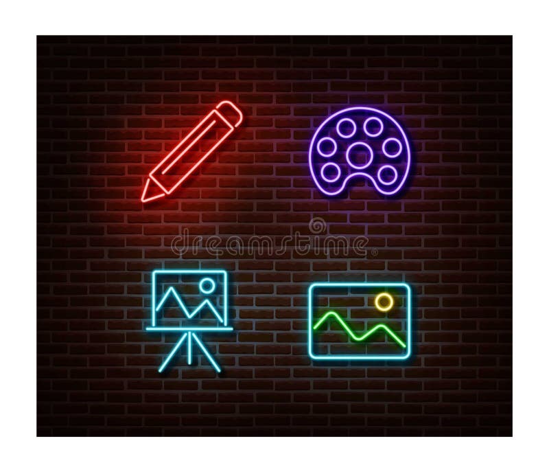 Neon pencil, paint, picture, easel signs vector isolated on brick wall. Art light symbol, decoration royalty free illustration Neon pencil, paint, picture, easel signs vector isolated on brick wall. Art light symbol, decoration royalty free illustration