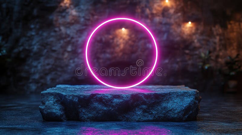 Neon Pink Circle στην πλατφόρμα Dark Stone στοκ εικόνες με δικαίωμα ελεύθερης χρήσης