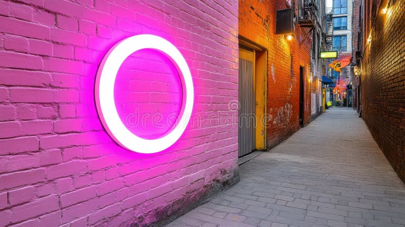 Neon pink circle φωτίζει ένα ζωντανό αστικό δρομάκι ai στοκ εικόνες