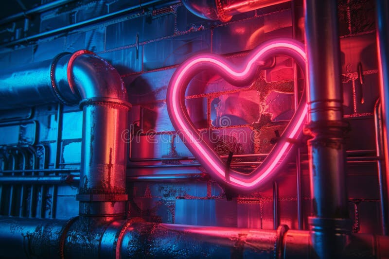 Neon Pink Herz Licht auf Industriemetallwand mit Rohren lizenzfreie stockbilder