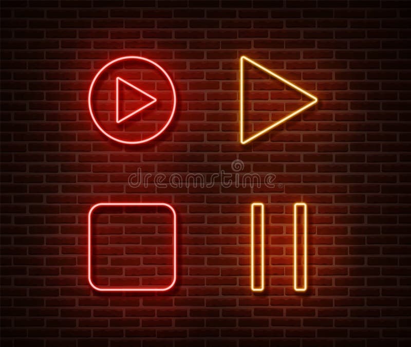 Neon player button signs vector isolated on brick wall. Play, stop, pause button light symbol, decor vector illustration