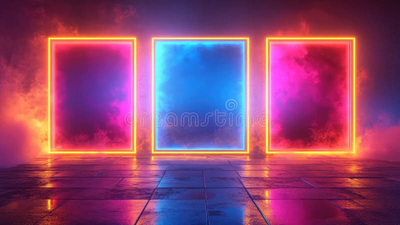 Neon Portal Triptych in a Futuristic Urban Setting stock image