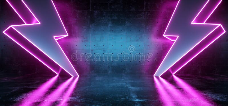 Neon Purple Glowing Futuristic Sci Fi Modern Lightning Bolt High Voltage Shapes In Dark Concrete Reflective Grunge Room Empty stock illustration