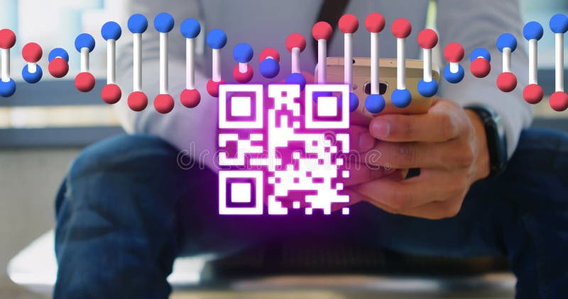 Neon qr code scanner and dna structure spinning against mid section of man using smartphone stock photos