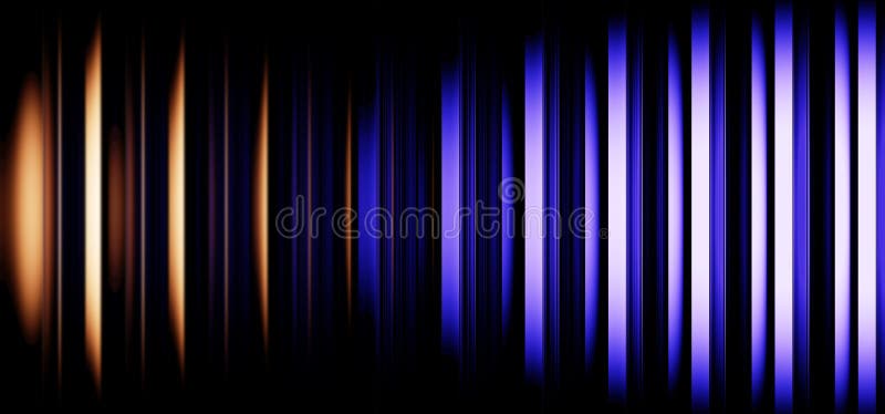 Neon ribbed fractal glass texture on black 3d background. Abstract vertical stripe pattern with glowing gold blue violet gradient royalty free illustration