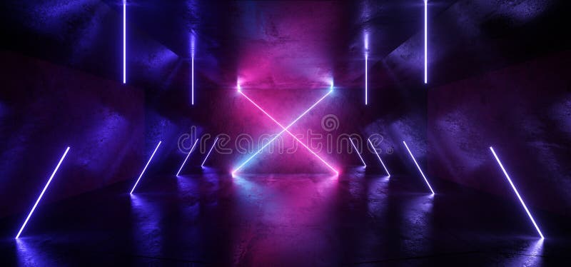 Neon X Shape Tube Lights Futuristic Sci Fi glühende violette, lebendige Laserbeams Showroom Dunkel Leer Background Tunnel vektor abbildung