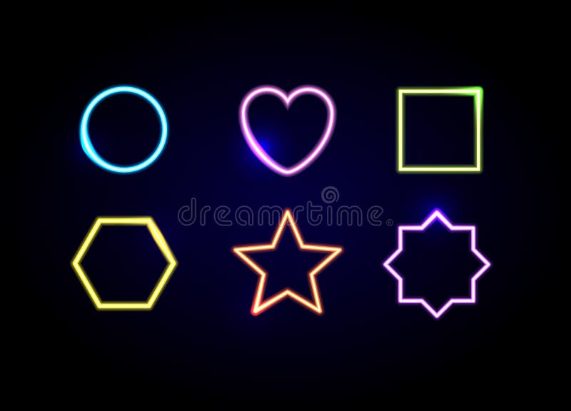 Neon shapes frames. Glowing circle, heart, square, hexagon, star and polygon symbols. vector illustration