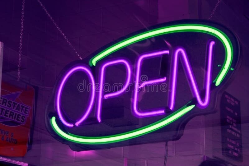 Purple And Green Neon Open Sign Stock Image Image of communications