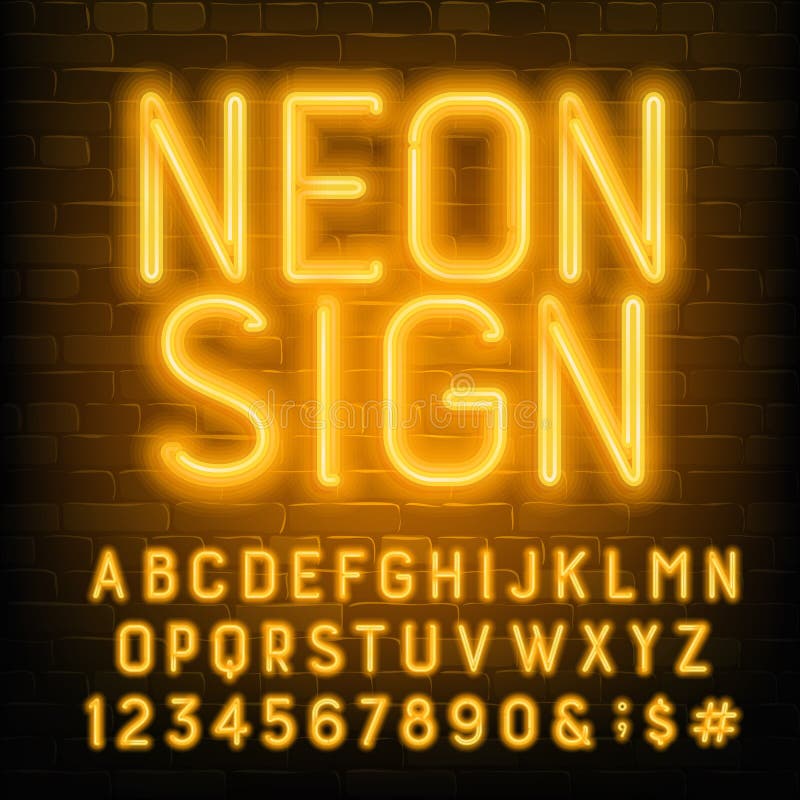 Neon Sign alphabet font. Yellow neon letters and numbers. Brick wall background. Stock vector typescript for your typography design. Neon Sign alphabet font. Yellow neon letters and numbers. Brick wall background. Stock vector typescript for your typography design.