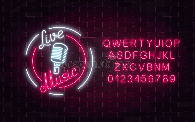 Neon sign of bar with live music and alphabet. Advertising glowing signboard of sound cafe with retro microphone