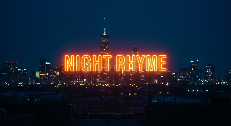 Neon sign displaying \'NIGHT RHYME\' glowing against a dark cityscape. The sign stock illustration